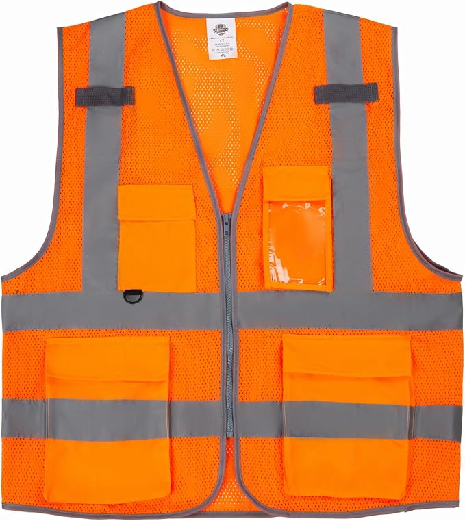 Dazonity High Visibility Mesh Safety Vest with Multi Pockets and Zipper, Fit for Men & Women, Work, Construction, Surveyor