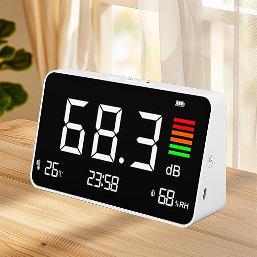 Digital Decibel Meter, 30-130dBA Desktop Digital Sound Level Meter with Temp Humidity Detection, DM219N Noise Time Temperature Humidity Meter for Classroom, Studio, Home, Factory, Library