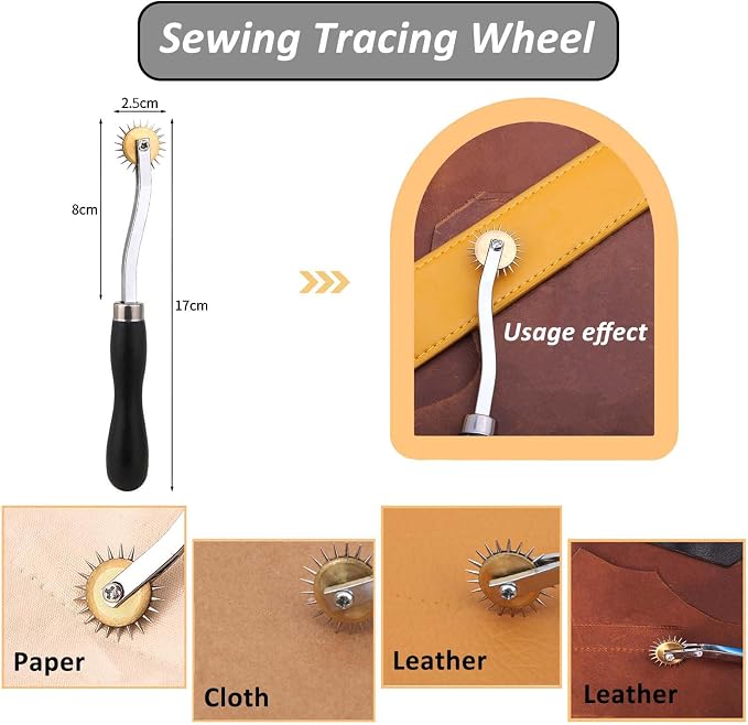 Leather Tooling Kit, Including Leather Cutting Knife Tracing Wheel Edge Beveler Groover Wooden Burnisher Swivel Knife Leathercraft Accessories-7PCS-silver