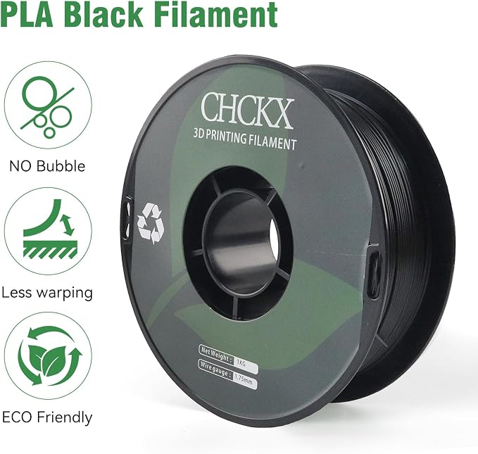PLA 3D Printer Filament, Dimensional Accuracy +/- 0.02 mm, 1 kg Spool(2.2lbs), 1.75 mm,Black