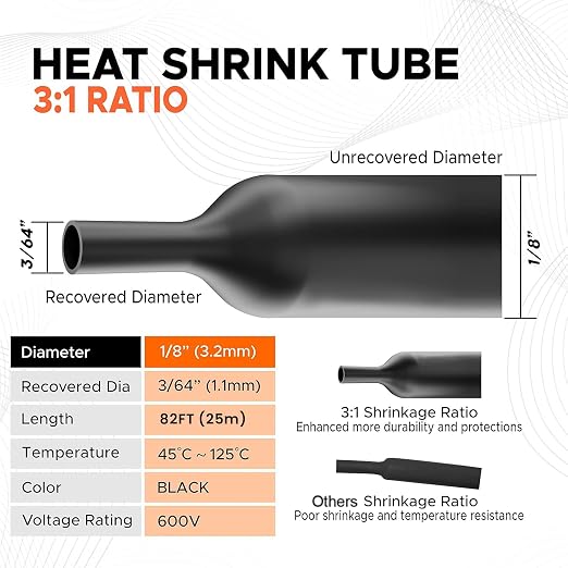 Heat Shrink Tubing 1/8" (3.2mm), 3:1 Ratio Shrink Tube Industrial and Marine Grade, Dual Wall Adhesive Lined Wire Shrink Wrap Tubing, 82 Feet Roll