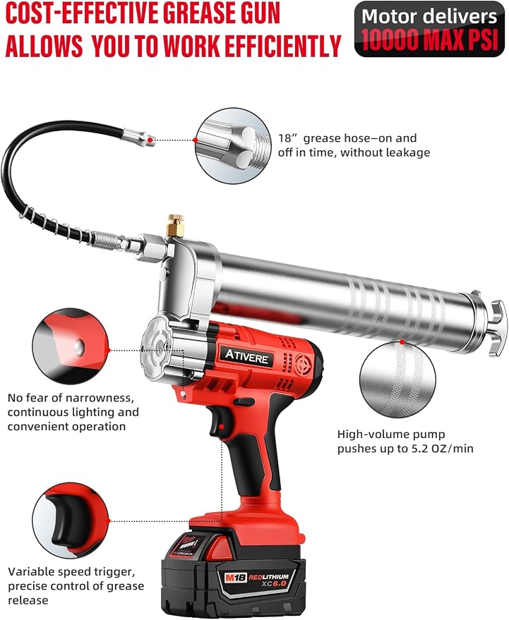 Lithium Battery Grease Gun Electric of Milwauke M18 Battery (NO Battery) with 12” Spring Flex Hose and 6'' Rigid Pipe, 10000 PSI High Pressure Quick Release Grease