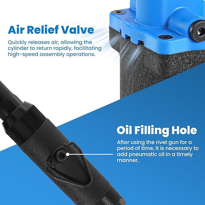 Air Pneumatic Rivet Gun Kit – Heavy Duty Pneumatic Riveter with 3/32", 1/8", 5/32", 3/16" Nosepieces, Ideal for Automotive, Construction, and Manufacturing Applications