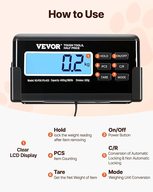 VEVOR 880Lbs x 0.2Lbs Livestock Scale Shipping Scales Large Platform 40.6x20.9Inch Stainless Steel Vet Scale Industrial Floor Scale Large Animal Dog Pig Scale Goat Weight Scale Pet Digital Scale