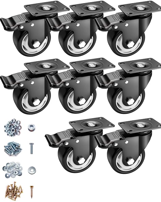 Casters, 3" Caster Wheels，Casters Set of 8 Heavy Duty - ASRINIEY Black Polyurethane Castors, Top Plate Swivel Wheels, 8-Pack Industrial Casters with Brake, Locking Casters for Furniture and Workbench