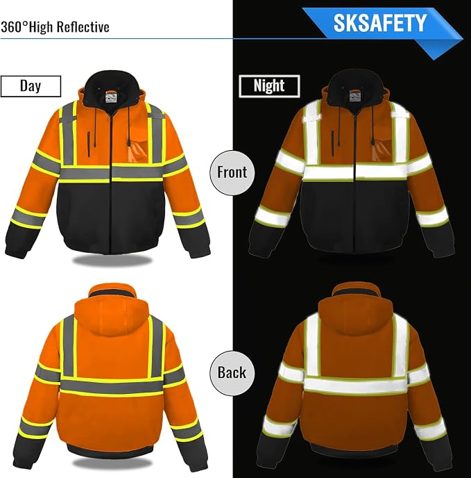 SKSAFETY High Visibility Reflective Jackets for Men, Waterproof Class 3 Safety Jacket with Pockets, Hi Vis Orange Coats with Black Bottom, Mens Work Construction Coats for Cold Weather, L,Orange