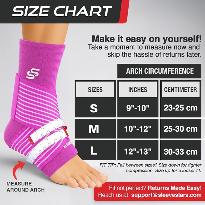 Sleeve Stars Ankle Brace for Women & Men, Ankle Wrap for Sprained Ankle, Compression Sleeve for Plantar Fasciitis Relief, Easy Customizable Support: w/Removable Strap (Pair/M:10"-12"/Hot Pink)