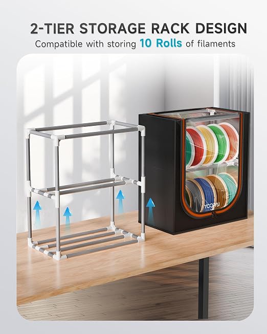 YOOPAI 3D Printer Filament Storage Box – 2 Tier Filament Storage Rack with Fabric Cover, Holds Up to 12 Rolls 1KG – 3D Filament Storage Organizer for Home, Workshop & Studio