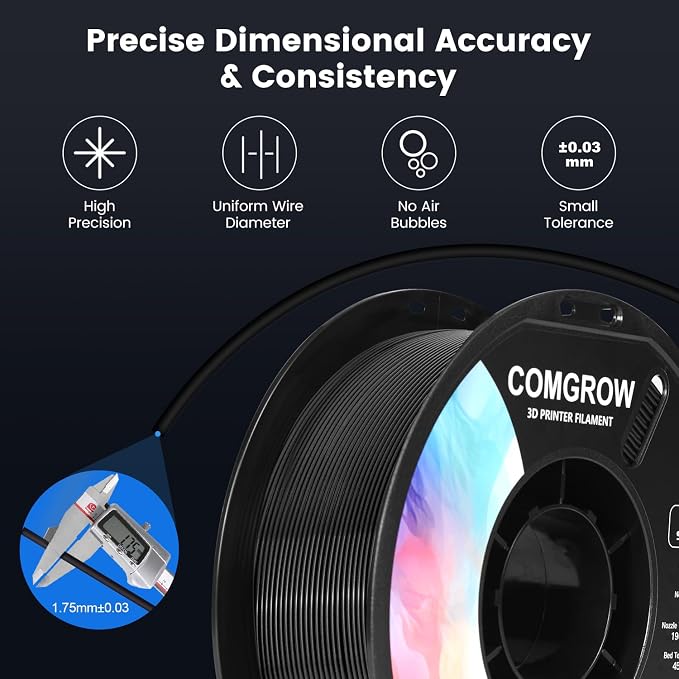 Comgrow PLA 3D Printer Filament, 3D Printer PLA Filament 1.75mm, Dimensional Accuracy +/- 0.02 mm, 1KG Spool PLA Black