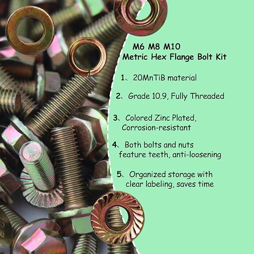404Pcs Class 10.9 Metric Flange Bolts Kit - M6 M8 M10 (12-30mm) Serrated Hex Bolts with Nuts & Washers, Yellow Zinc, Storage Case for Light Equipment & DIY