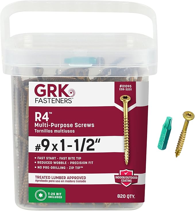 GRK Fasteners R4™ #9 x 1-1/2 Inch, Multi-Purpose Framing Screws, 820 PCS, Rust Resistant Climatek™ Coating, Outdoor Fencing and Deck Screws, Fast Bite Tip, Star Drive Recess, T-25 Bit Included, Gold