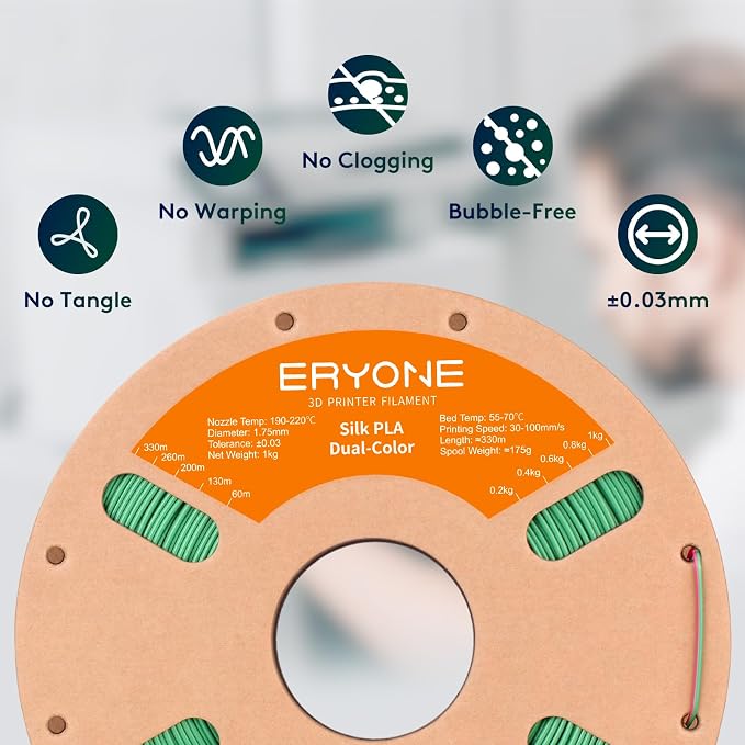 ERYONE Silk Dual Color PLA Filament 3D Printer 1.75mm +/- 0.03mm, Bicolor Filament Two Tone PLA 1KG(2.2lbs) Cardboard Spool, Red Green
