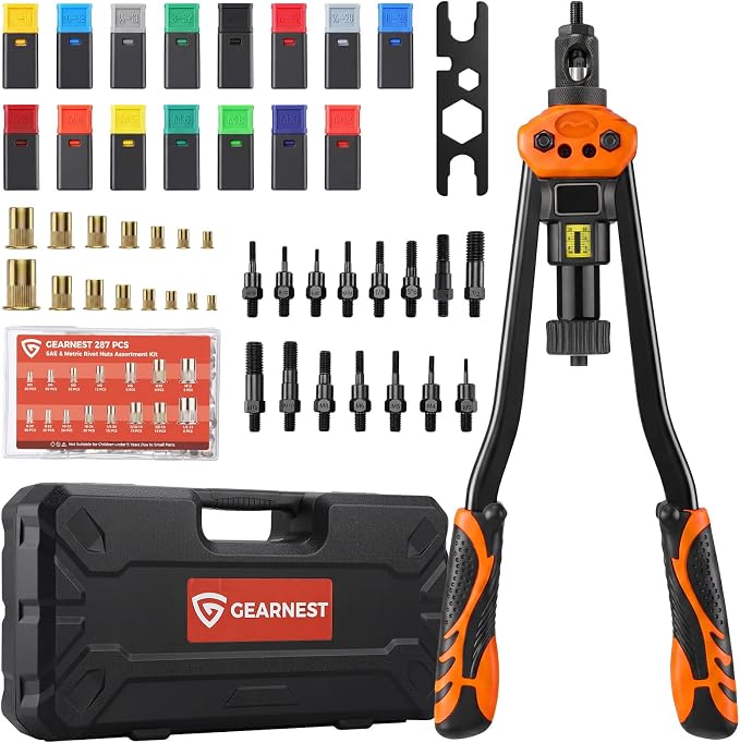 Rivet Nut Tool Kit, 16" Rivnut Tool Kit with 15PCS Metric and SAE Mandrels, 287PCS Rivet Nuts, Wrench and Carrying Case, Nutsert Tool Kit with Visual Stroke Indicator for Auto, Metal Repair