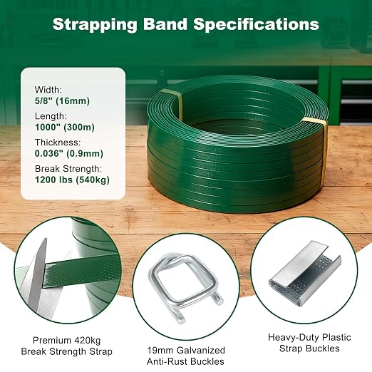 Banding Strapping Kit, 1200lbs Break, Heavy Duty 5/8'' x 1000' PET Strapping Roll, Pallet Strapping Kit with Tensioner & Banding Sealer for Warehouse, Includes Metal Seals, Buckles, Corner Protectors