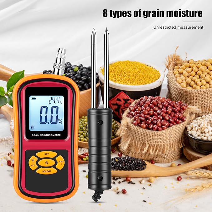 Digital Grain Moisture Meter for Wheat Corn Rice Peanut Soybean, Grain Humidity Meter, Portable LCD Display Hay Moisture Tester, Multifunctional Moisture Meter Probe Humidity Tester