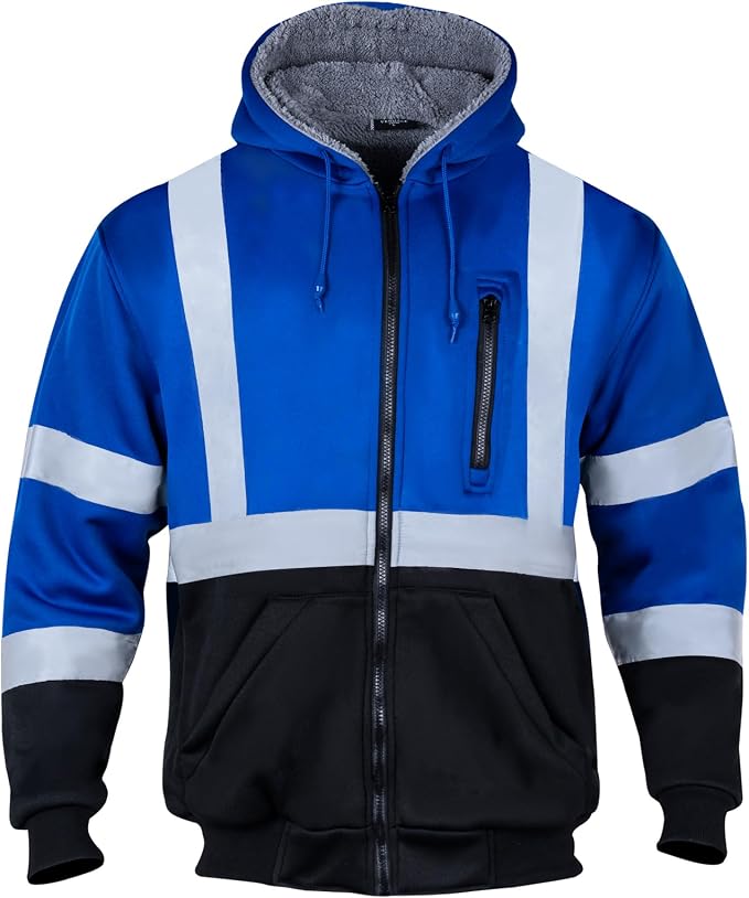 VENDACE Men's ANSI Class 3 High Visibility Safety Reflective Sweatshirts Wool Fleece Zipper Jacket Hoodie with Black Bottom(Royal Blue,2XL)