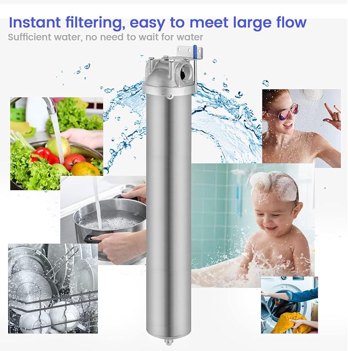 NSF/ANSI 42 Stainless Steel Whole House Water Filter Housing, 20" x 2.5" Sediment Water Filter System for Heavy Duty, Well & City Water, 1" NPT Port, Drain Valve Style C (Square Head)