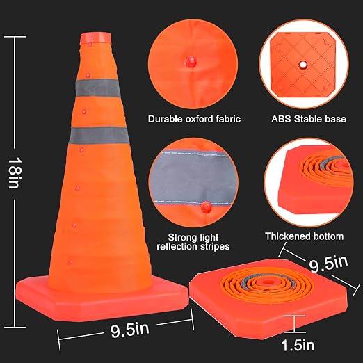TENKAIWICK 18 Inch 5 Pack Traffic Cones, Collapsible Safety Cones, Multi Purpose Pop-up Cones with Reflective Collar, Orange Cones for Parking lot, Driveway, Driving Training etc
