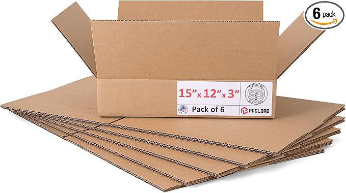 Flat Cardboard Boxes 15"L x 12"W x 3"H (Pack of 6) - USA-Made Packing Boxes for Moving, Shipping, or Storage - USPS, UPS, FedEx Approved - Professional Packing Supplies for Moving | USA-Made Packing Boxes for Moving, Shipping, or Storage - USPS, UPS, F...