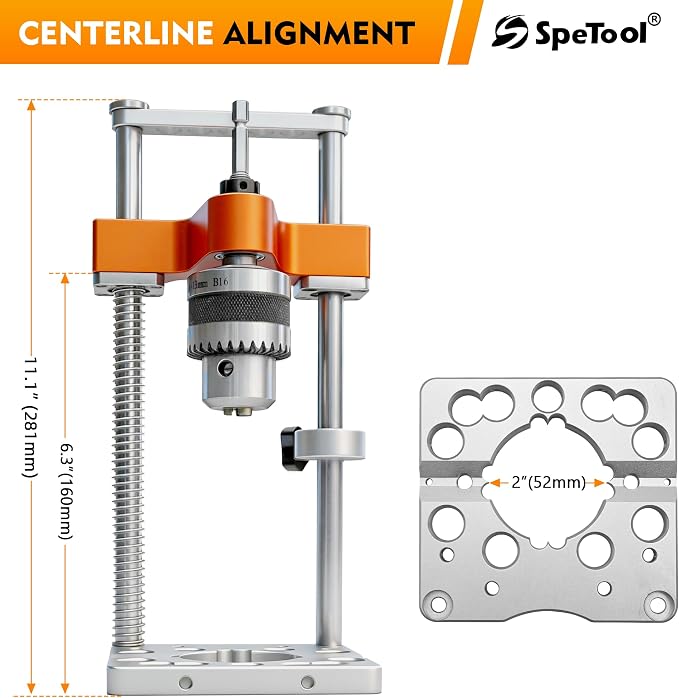 SpeTool S04003 Portable Drill Guide with Liner Ball Bearings, 0.004" High Precision Drill Guide for Straight Holes, All-Aluminum Base, Spring-Assisted Portable Drill Press for Woodworking & DIY