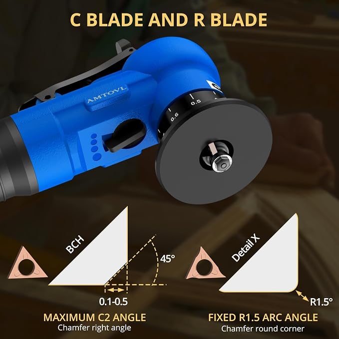 AMTOVL Pneumatic Chamfering Tool - Mini Air Chamfer Tool with 10 C-Angle & 10 R-Angle Blades, 45° 30000 RPM Chamfering Tool for Metal and Wood with 1/4" Air Inlet