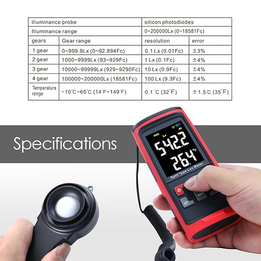 Light Meter Digital Illuminance Meter with Ambient Temperature Measuring and Recording, Bluetooth Lux Light Meter with 32,752 Groups Data Logging, Handheld Photometer Lumens LED Brightness Tester