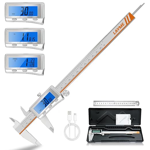 LAYME Digital Caliper, Rechargeable Calipers Measuring Tool with Backlight LCD Screen, Stainless Steel, Auto-Off Micrometer, Inch/MM/Fraction Conversion for Household/3D Printing/Woodworking(8 Inch)