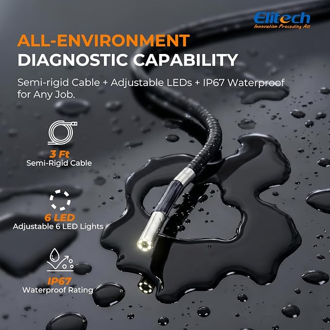 Elitech Two-Way Articulating Borescope with Light, 0.24in Slim Inspection Camera, 20,000+ Bend Life, 180° Snake Camera, 1080P 4.3" IPS Endoscope, High-Temp Protection for Automotive Mechanics