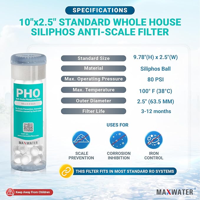 Max Water 10" x 2.5" Anti-Scale Water Filter Cartridge, Siliphos Polyphosphate (PHO) Replacement Filter, Fits Standard 10" Whole House Water Filtration System, Reduces Scale, Corrosion & Iron Staining