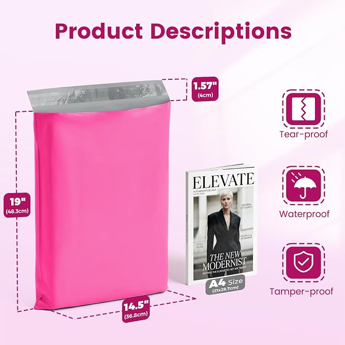 Metronic Pink Poly Mailers 14x19 400 Pack, Heavy Duty Shipping Bags Bulk Self Seal Waterproof Tear Resistant Large Mailing Envelopes, Packaging bags for Small Business, Boutique, Clothing