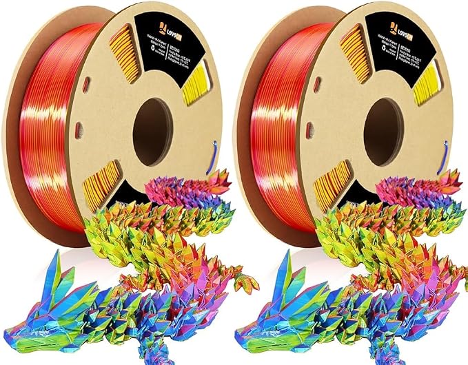 LOVOON Silk PLA 3D Printing Filament Bundle 2KG, PLA Filament 1.75mm Shiny Tricolor Change by Angle 3D Printer Filament Pack, Get 2 Spools of Silk Blue/Yellow/Red, 1KG X 2 Spools