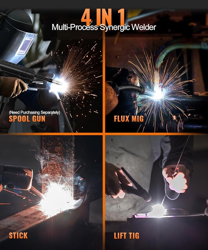 HITBOX 140A MIG Welder 110V/220V, Flux Core Welder/Stick ARC/Lift Tig/Spool Gun 4 in 1 Gasless Mig Welding Machine with LCD Display Synergy Dual Voltage IGBT Inverter Welder (HIM200)