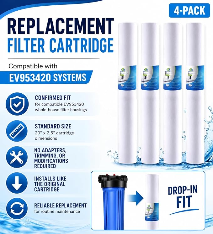 CFS – Compatible with EV953420 Models Sediment Water Filter Cartridges 4-Pack – 5 Micron Whole House Pre-Filter Replacement – Removes Dirt, Rust & Sand
