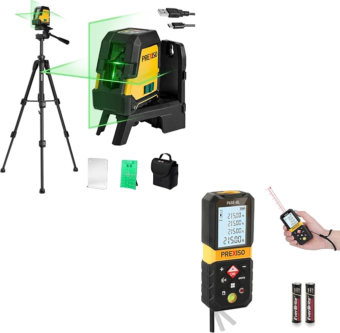 PREXISO 215Ft Laser Measure with Entension for Diagonal Measuring & PREXISO Laser Level with Tripod - 100Ft Rechargeable Dual Modules