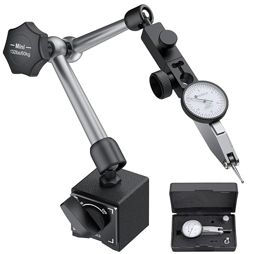 Neoteck 0-0.03"/0.0005" Dial Test Indicator with 132lbs(60kg) Max Pull Magnetic Base Stand Test Indicator Set with 3/8 inch (9.52mm) Clamping Hole for Machine Set-Up and Narrow Area Measurement-Silver