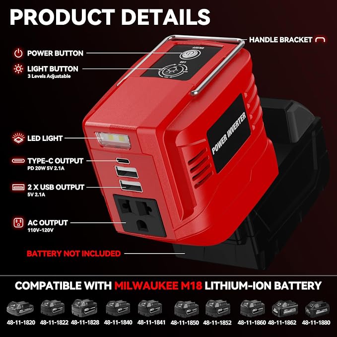 VAXCANZE 200W Power Inverter for Milwaukee, DC 20V to AC 110V Inverter, Portable Power Station with 2 USB Ports & 1 AC Outlet & 1 Type-C Fast Charging, Battery Adapter with LED, Battery Not Include