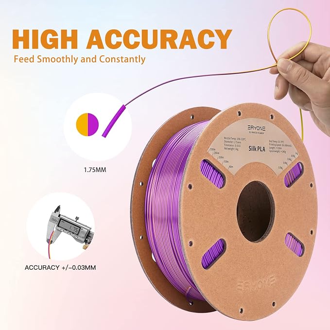 ERYONE Silk Dual Color PLA Filament 3D Printer 1.75mm +/- 0.03mm, Bicolor Filament Two Tone PLA 1KG(2.2lbs) Cardboard Spool, Gold Purple