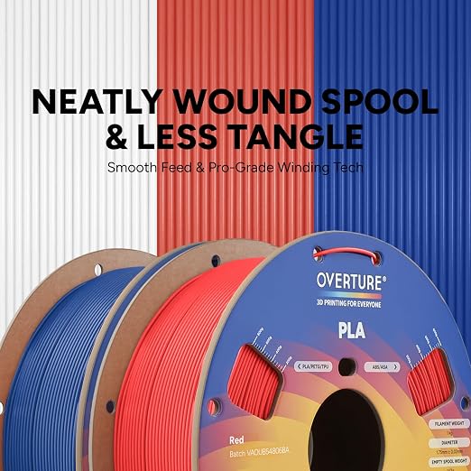 OVERTURE 2KG Bundle High Speed PLA Filament 1.75mm, Neatly Wound 3D Printer Filament 2 Pack 1kg Spool (2.2lbs) Rapid PLA, Fit Most FDM 3D Printers (Red+Blue)