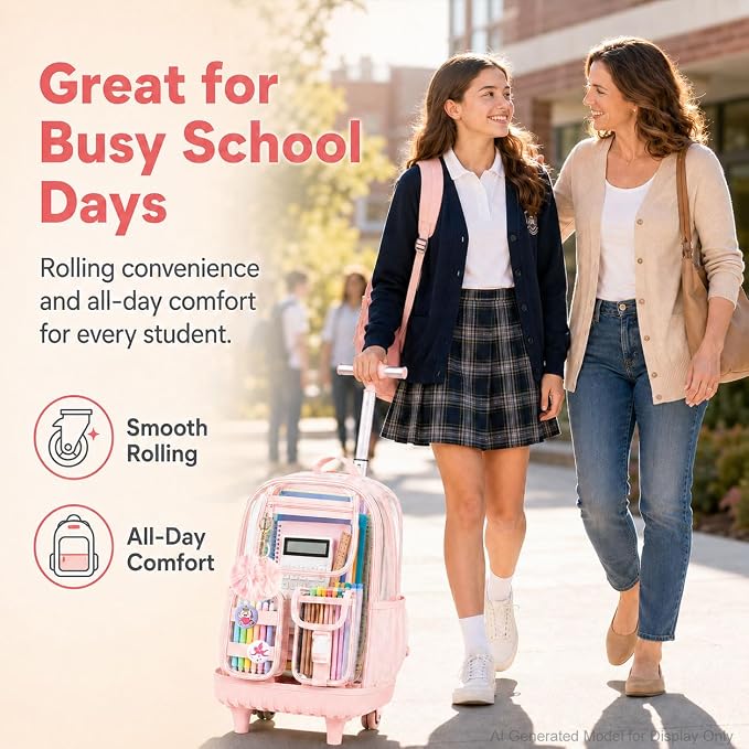 CCJPX 3Pcs Clear Rolling Backpack for Girls Women, Heavy Duty PVC Transparent Wheeled Bookbag, See Through School Bags with Wheels for Teens Elementary Travel - Pink