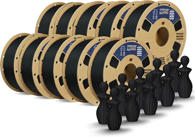 OVERTURE 10KG Bundle PLA Plus (PLA+) Filament 1.75mm, Stronger & More Durable, Professional Toughness 3D Printer Filament 10kg (2.2lbs) 10 Pack, High Precision +/- 0.02mm (Black*10)