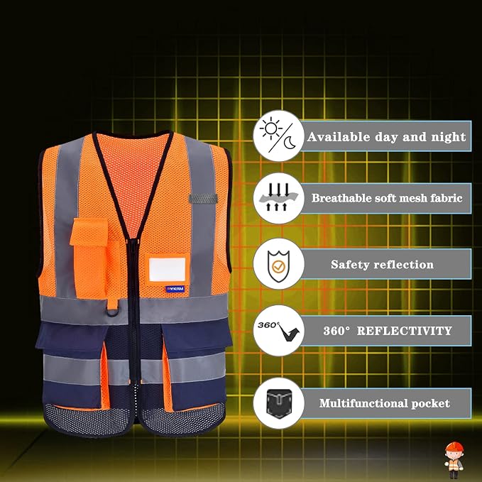 A-SAFETY Reflective Safety Vest, Clear ID Pocket, Zipper, Orange/Navy, 3XL | Orange/Navy 3XL Polyester work vest with 7 pockets, reinforced zipper pockets and black front zipper for site supervision.