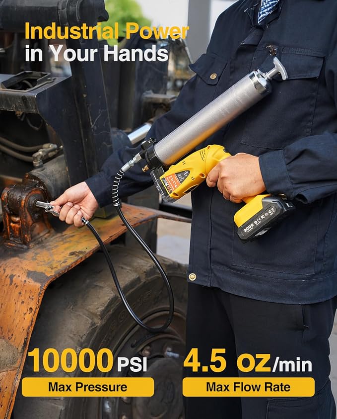 TaskStar Electric Grease Gun Kit: Professional Cordless Battery Grease Gun, 10000 PSI, Automatic Pumping Mode, Ergonomic Grip, with 2 Batteries, 3 Easy-to-use Couplers, 39.4" Hose for Truck, Tractor