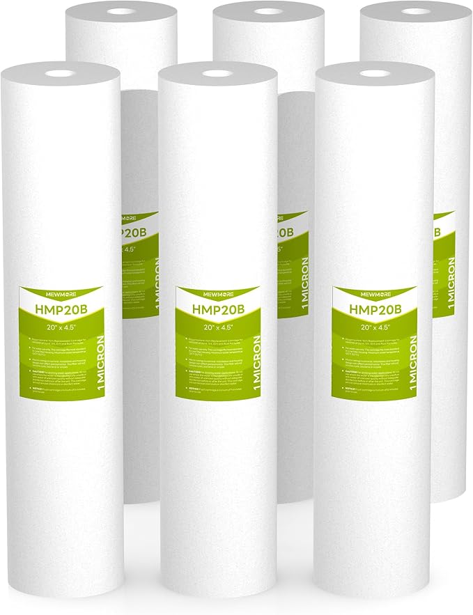 1 Micron 20" x 4.5" Whole House Sediment Filter Cartridge | Melt Blown Polypropylene, Gradient Density Design, High Dirt-Holding Capacity, Fits Standard 20" Big Blue Housings, 6 Pack