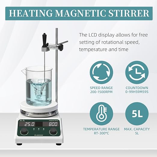 LHS-300 Magnetic Stirrer Hot Plate, 300°C/572°F, 5L, 200-1500RPM | 5.5in plate mixer, timer 1min-99h, probe, stand, stir bar & recycler set, for lab heating & mixing