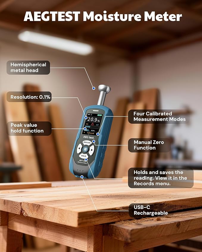 AWT-590 Rechargeable Pinless Moisture Meter for Wood, Drywall & Masonry, Wood Moisture Meter with Adjustable Alarm, Data Records, Non-Invasive Hemispherical Water Leak Detector for Home