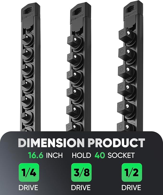 ALOANES Magnetic Socket Organizer Set of 3, Heavy-Duty Aluminum 360° Swivel Clip Socket Holder, Compatible with 1/2", 3/8", 1/4" Sockets, Includes 40 Clips, Tool Box Drawer Storage (Black)