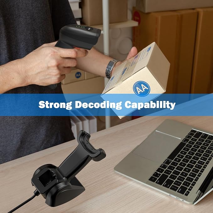 Symcode QR Industrial Bluetooth Barcode Scanner with Wireless Charging Stand, Wireless 2D 1D Bar Code Scanner Drop Protection Shock Dust Proof Hands Free Auto-Sensing Stand Barcode Scanner