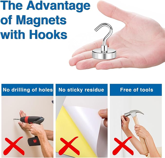 LOVIMAG Magnetic Hooks Heavy Duty, 130LBS, 25 Pack | Magnet with Hook for Cruise Cabins, Classroom, Kitchen Essentials, Door Decoration, Refrigerator, Silver