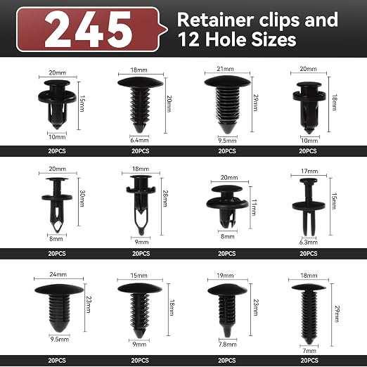 245Pcs Car Retainer Clips & Tools All-in-One Kit - 240 Black Push Pins (12 Sizes) with 5 Orange Pry Bars Stored Inside Box. Portable Bumper Fender Fastener Set for GM Ford (245Pcs)