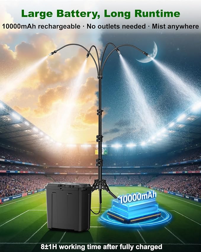 Ausic Portable Misting System with Stand, Water Cooling Misters Set for Outside Patio - 9L Bucket Built-in 10000mAh Battery & PCS Pump & Timer for Outdoor, Canopy, Sport, Golf, Beach, Greenhouse, Camp